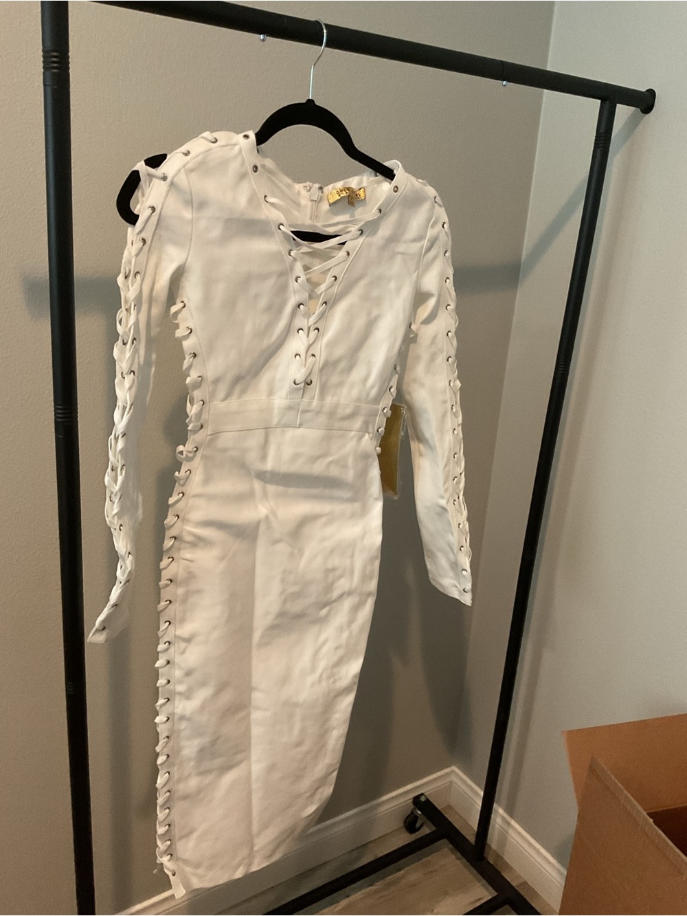 White Lace-Up Long Sleeve Midi Dress
